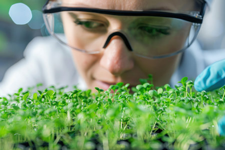 A focused scientist analyzes microgreens in a lab setting.の素材