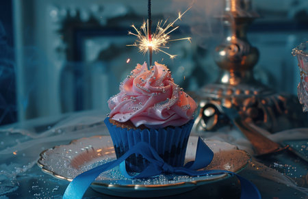 a pink cupcake with blue ribbon and a sparkler.の素材