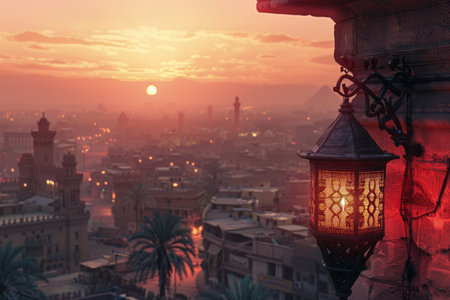 a ramadan lantern lights up a cityscape.の素材