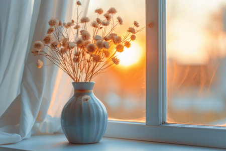 A vase filled with fluffy dried flowers sits on a window sill.の素材