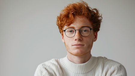Red-haired young man wearing glasses and a white sweater, looking at camera with confidence.の素材