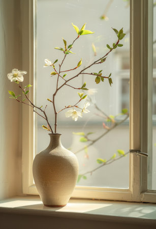 an empty vase sitting on a window sill.の素材