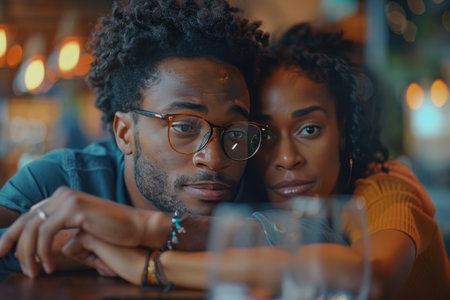 A young African American couple shares a close and affectionate moment at a cafe.の素材