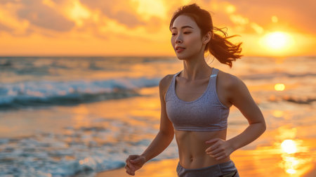 Asian woman running on beach at sunset, fitness workout. Seaside Sunset Jogの素材
