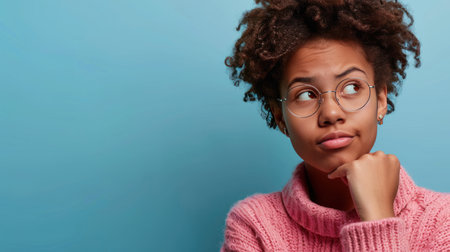 Thoughtful african american woman in pink sweater and glasses on blue backgroundの素材