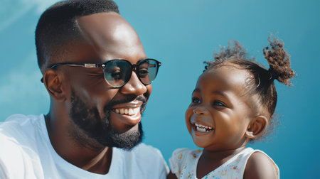 Heartwarming close-up of a smiling father with his joyful toddler girl wearing a cute bow in her hair.の素材