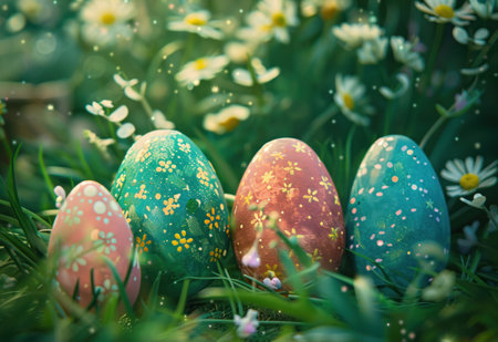 colorful eggs sitting in the grass.の素材