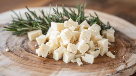 Diced cheese lies on a wooden board next to a sprig of rosemary.の素材