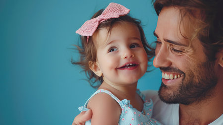 Heartwarming close-up of a smiling father with his joyful toddler girl wearing a cute bow in her hair.の素材