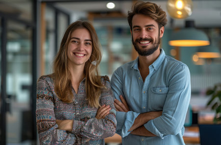 A cheerful man and woman stand confidently in an office, arms crossed, casual attire.の素材