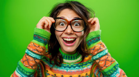 Woman with black hair and glasses showing an exaggerated expression of surprise on a green background.の素材