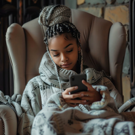 Cozy evening scene with a young woman wrapped in a blanket, absorbed in her phone.の素材