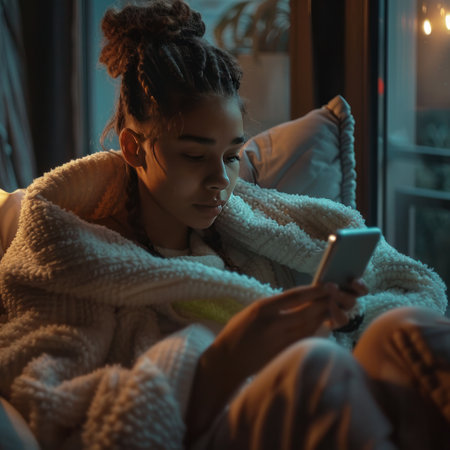 Cozy evening scene with a young woman wrapped in a blanket, absorbed in her phone.の素材