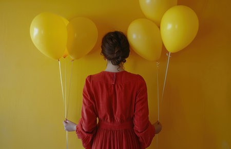 Woman in red holding balloons, back to camera.の素材