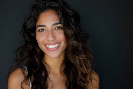 Joyful woman with curly hair, beaming smile.の素材