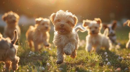 Puppies frolic and tumble on a sunny grassy lawn.の素材