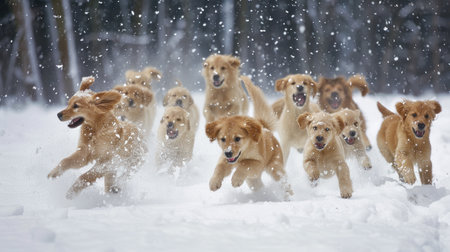 Puppies frolic in the snow, chasing each other with joyful barks.の素材