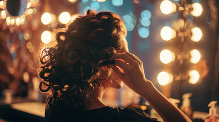 A performer's silhouette is outlined by bright stage lights as she meticulously curls her hair, preparing for her moment in the spotlight.の素材