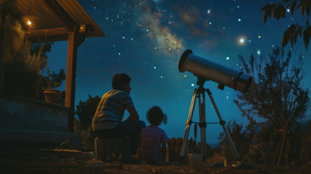 Parent and child using a telescope to explore the night skyの素材