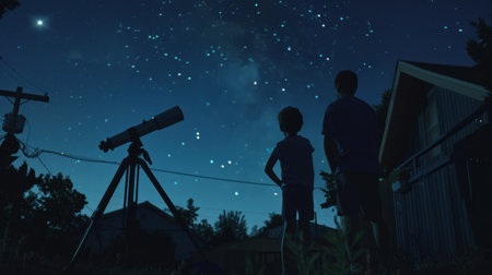 Parent and child using a telescope to explore the night skyの素材