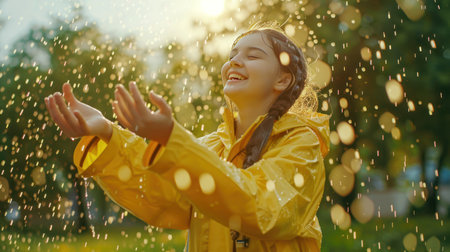 Girl in yellow raincoat enjoys rain.の素材