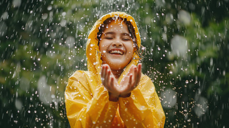 Girl in yellow raincoat enjoys rain.の素材