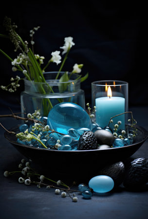 a tray with blue easter eggs and candles on it.の素材