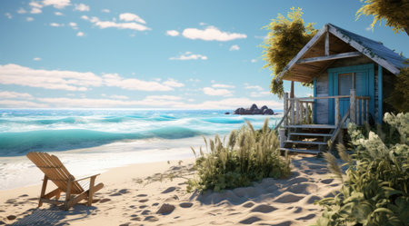 a small cottage on the sand with an umbrella.の素材