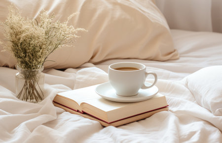 a white cup, book and saucer sitting on a bed.の素材
