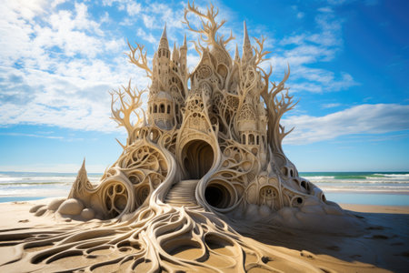 a sand castle is sitting on a beach.の素材