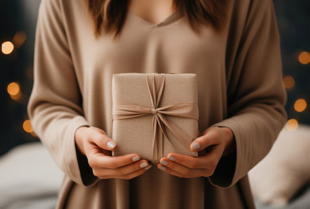 a woman's hands hold a gray wrapping gift.の素材