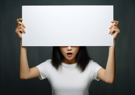 an Asian woman covering an open white blank board.の素材
