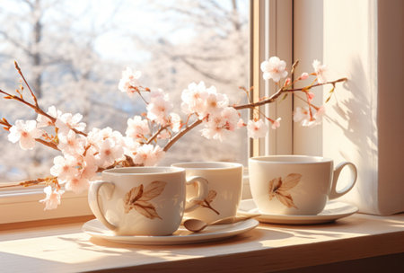 coffee cup and saucer on a table is paired with books..の素材