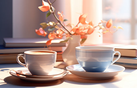 coffee cup and saucer on a table is paired with books..の素材
