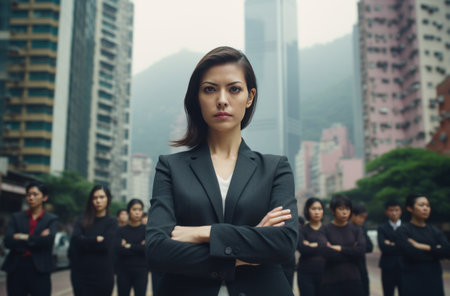 business woman standing with arms folded in hk.の素材