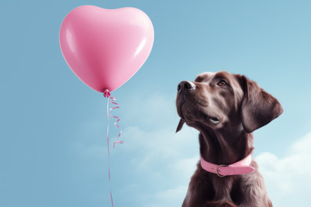dog holding pink heart heart shaped balloon.の素材