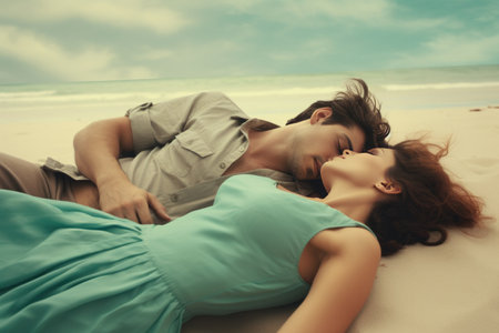 couples lying on the beach couples.の素材