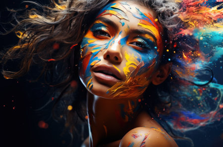 girl with holi makeup painting her face from head to toe.の素材