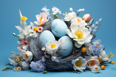 easter eggs in nest with tulips on blue background, infused symbolism.の素材