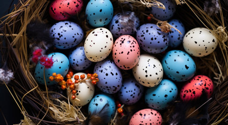 easter eggs in a basket with flowers and trees.の素材