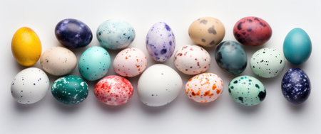 colorful easter eggs in rainbow, floral arrangement, and white background.の素材