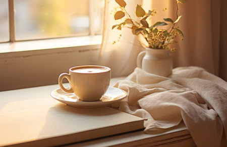 coffee on saucer with a book nearby on a white bed.の素材