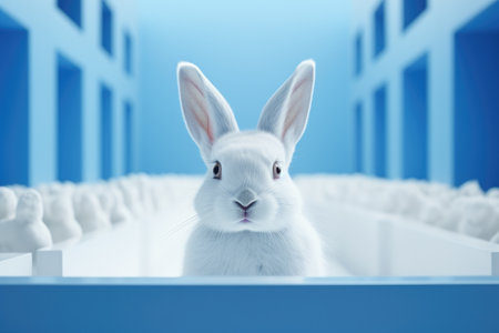 a white rabbit is looking over the box of blue behind him.の素材