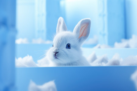 a white rabbit is looking over the box of blue behind him.の素材