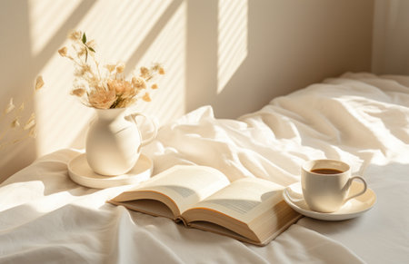 coffee on saucer with a book nearby on a white bed.の素材