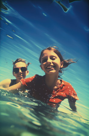 a woman and a teenager swim in the ocean to have fun.の素材