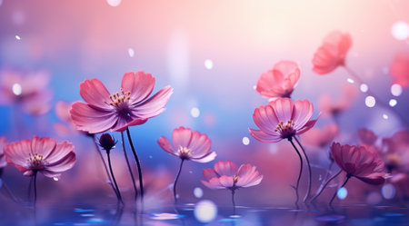 a purple flower background has falling drops on it.の素材