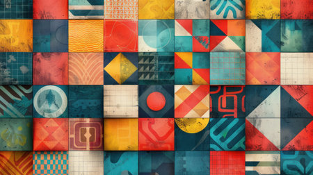 Abstract wallpaper featuring intricate colorful tile patterns up close.の素材