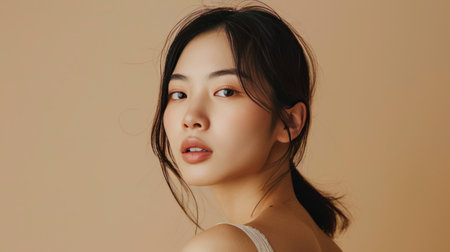 A beautiful young Asian woman with natural makeup and tousled hair against a warm backdrop.の素材
