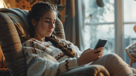 A peaceful scene of a young woman with braided hair, absorbed in her smartphone, seated comfortably in an armchair.の素材